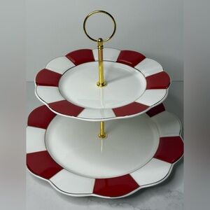 Grace Teaware Scolloped  Red Stripe 2 Tier Tidbit Serving Tray New
